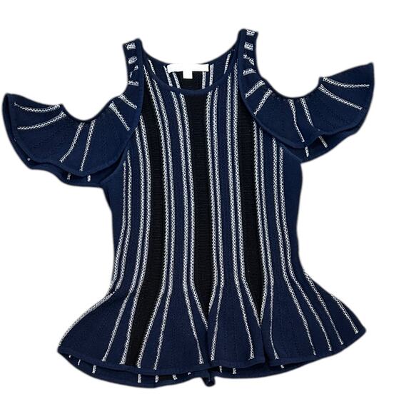 Jonathan Simkhai Navy Blue Striped Cold Shoulder Knit Crochet Peplum - Picture 8 of 8